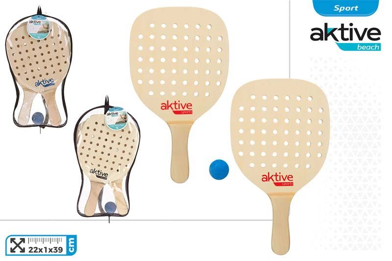 SET 2 PALAS PLAYA MADERA + PELOTA C/FUNDA AKTIVE 536784