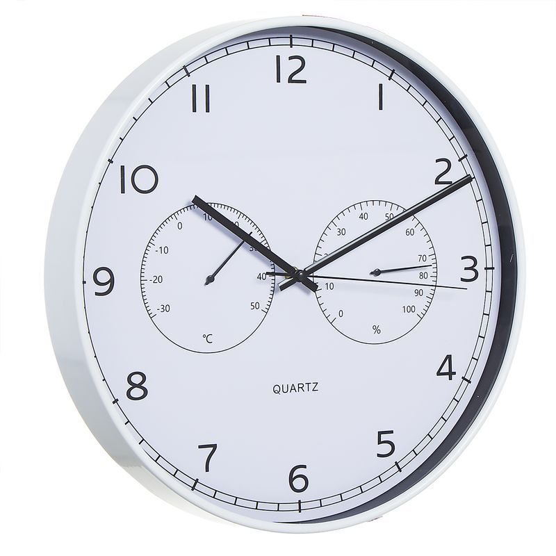 RELOJ PARED PLASTICO MULTIFUNCION TEMPERATURA/HUMEDAD BLANCO 43,5CM 138933