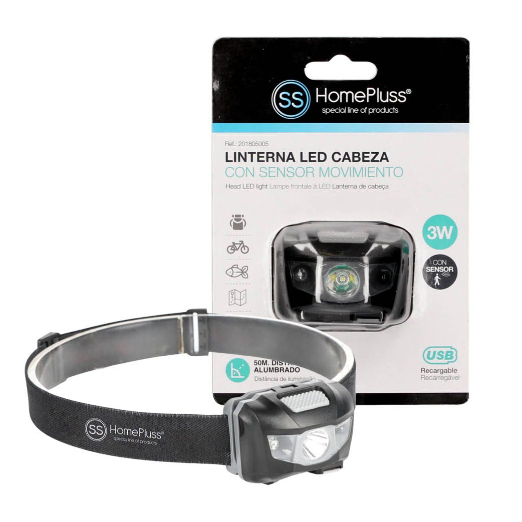 LINTERNA CABEZA LED 3W C/SENSOR MOVIMIENTO Y RECARGABLE 06352
