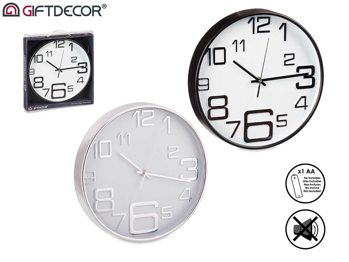 RELOJ PARED REDONDO 30,5CM NEGRO/PLATA ESFERA BLANCA GIFTDECOR 73228