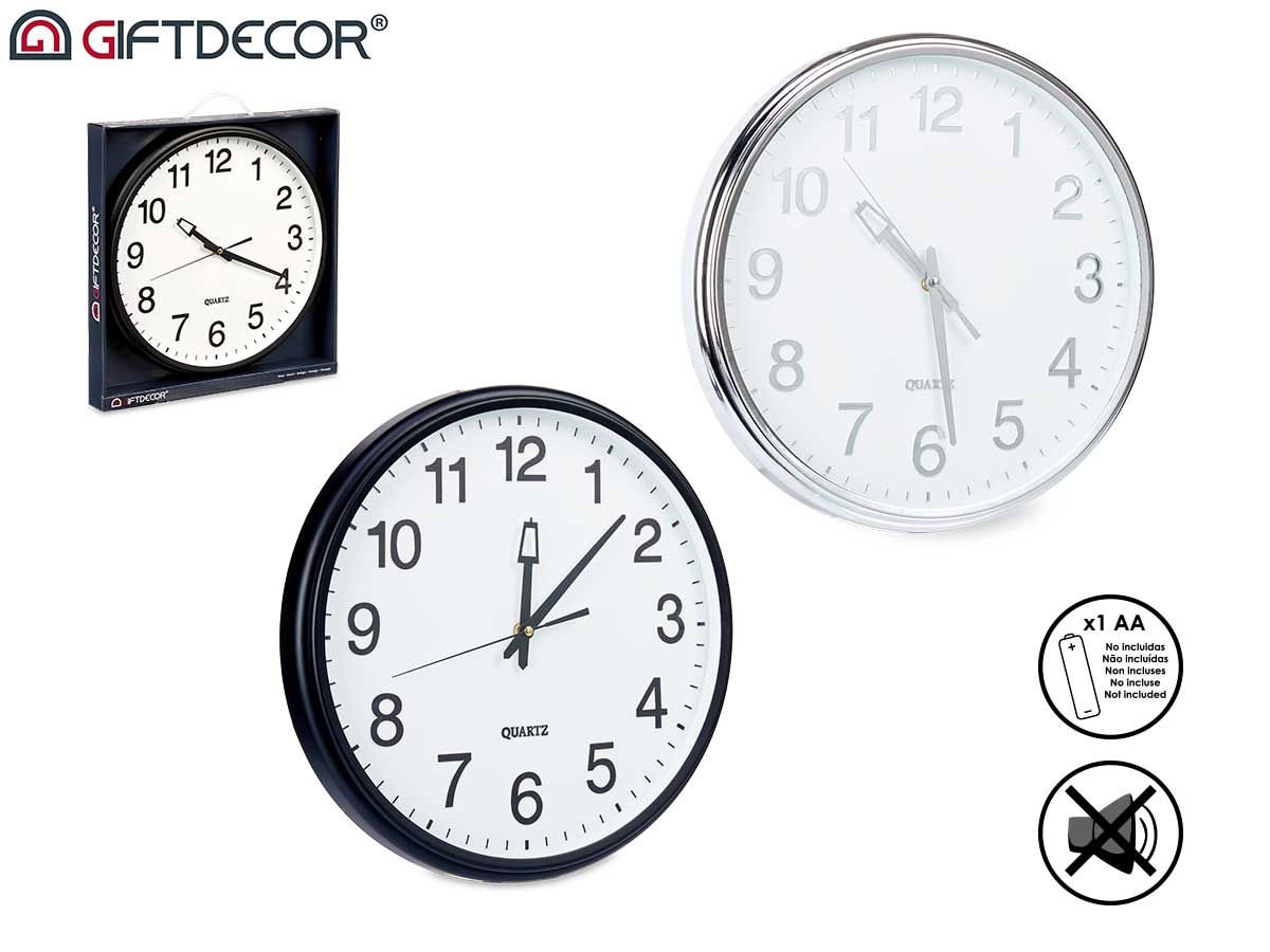 RELOJ PARED REDONDO 38CM NEGRO/PLATA ESFERA BLANCA GIFTDECOR 73218