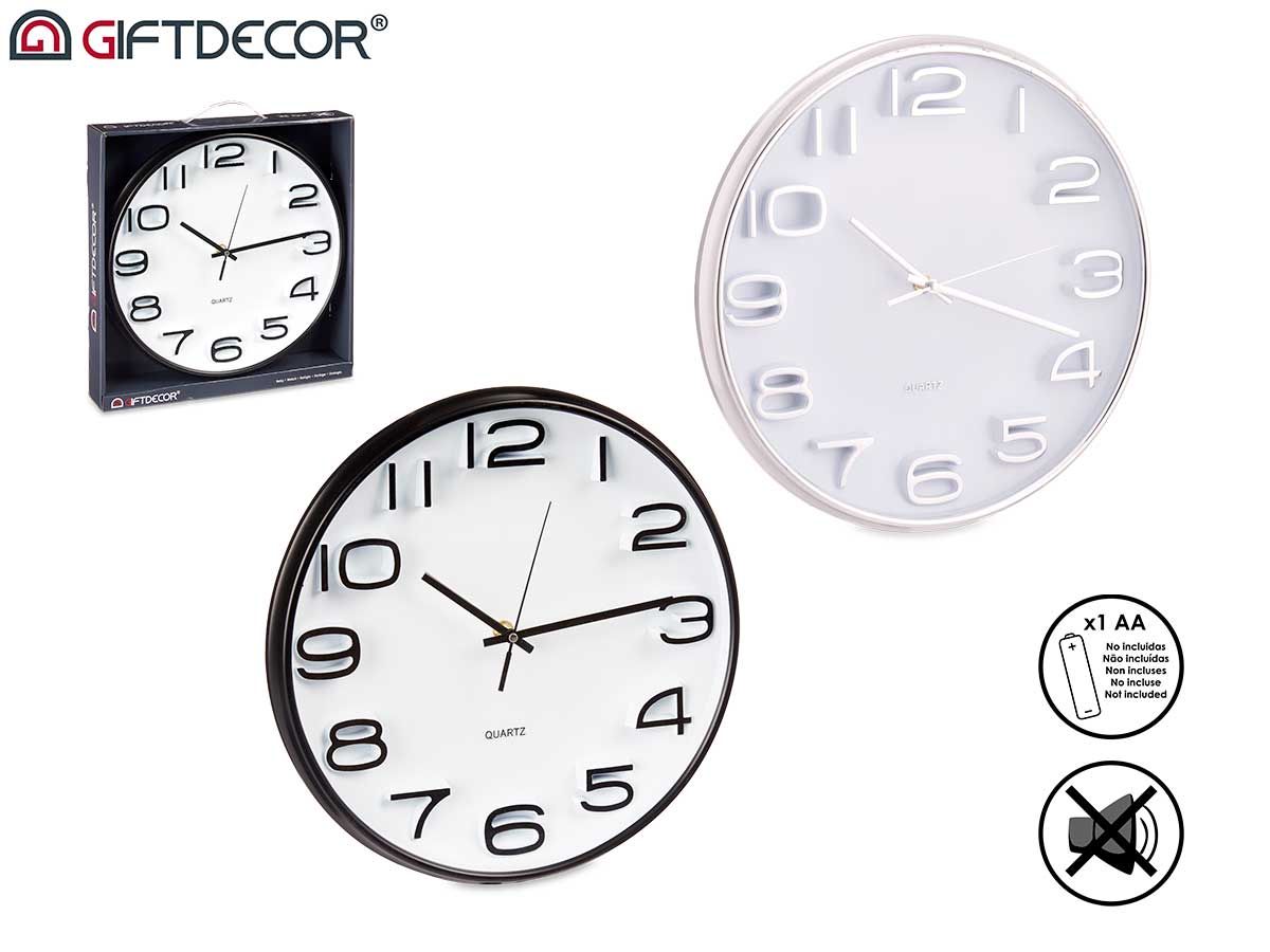 RELOJ PARED REDONDO 32CM NEGRO/PLATA ESFERA BLANCA GIFTDECOR 73222