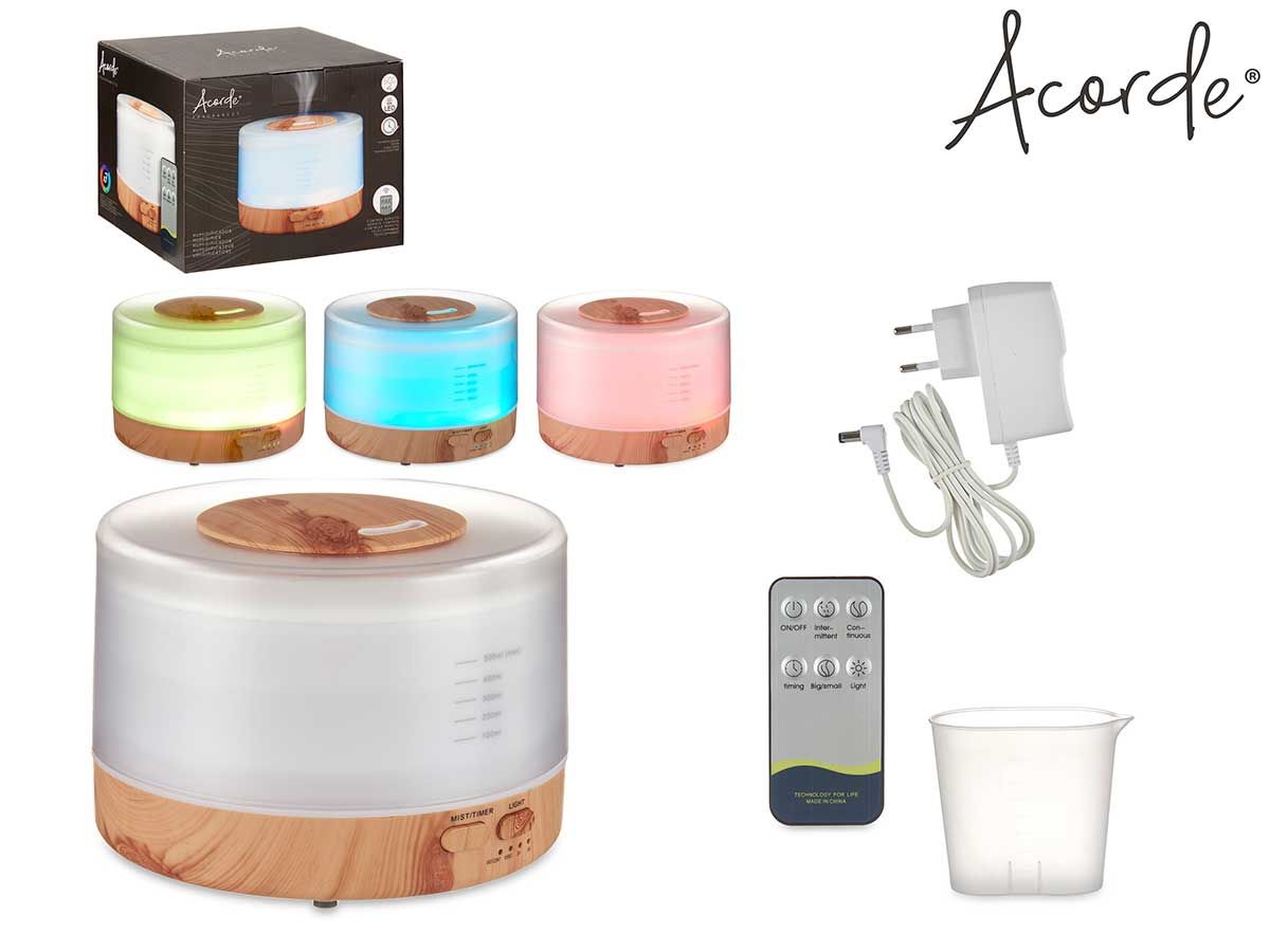 HUMIDIFICADOR LED 500ML REDONDO MADERA CONTROL REMOTO ACORDE 867650