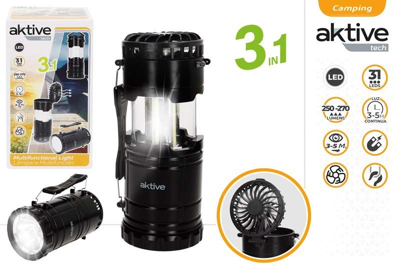 LAMPARA LED MULTIFUNCION LINTERNA + VENTILADOR A PILAS 3XAA 31 LEDS 250LMN 63103