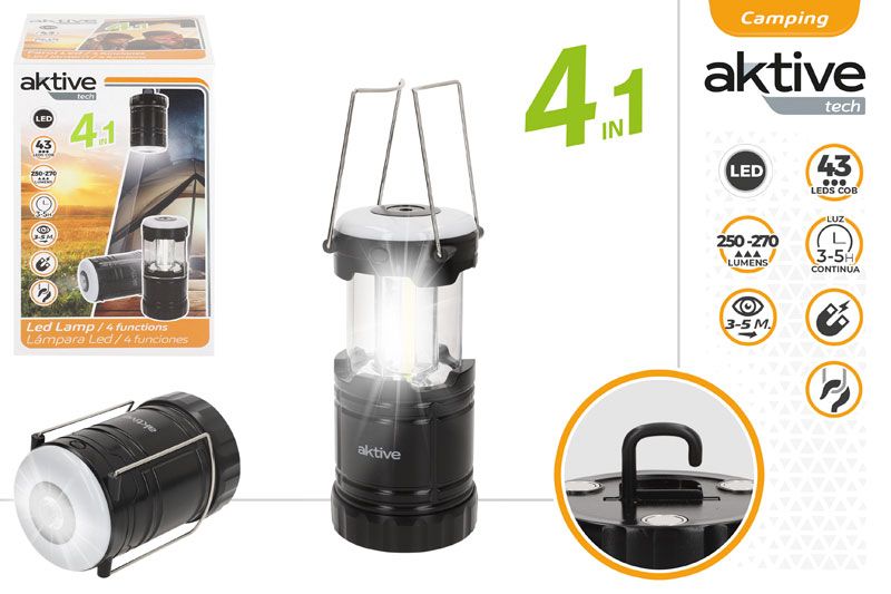 LAMPARA + LINTERNA 4 EN 1 43 LEDS 250LMN C/IMAN Y GANCHO COLGAR A PILAS 3XAA 631021