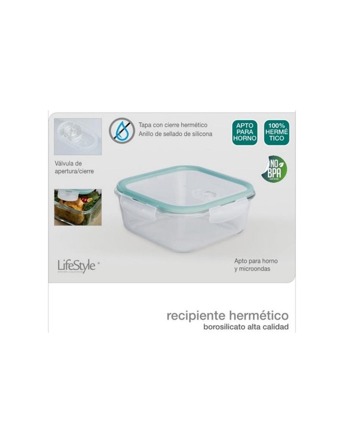 HERMETICO BOROSILICATO CUADRADO TAPA PLASTICO C/VALVULA 800ML 16X16CM LIFE STYLE 541627