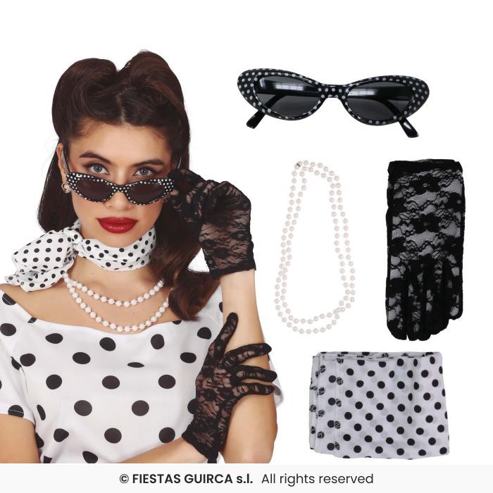 CONJUNTO A�OS 50 PA�UELO/GAFAS/GUANTES/COLLAR BLANO/NEGRO 11788
