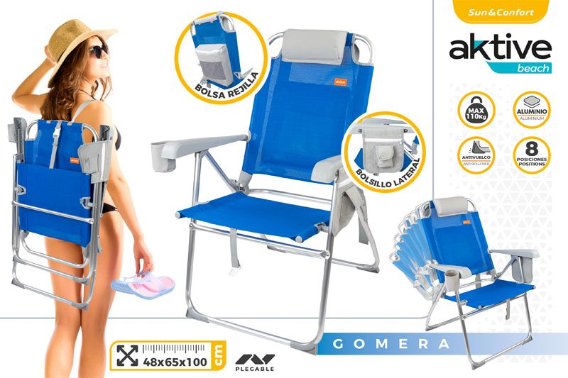 SILLA PLAYA ALUMINIO/TEXTILENO PLEGABLE 8 POSICIONES 48X65X100CM 626317