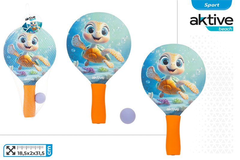 SET 2 PALAS PLAYA MADERA 18,5X2X31,5C, MANGO ESPUMA + PELOTA C/FUNDA AKTIVE 620131