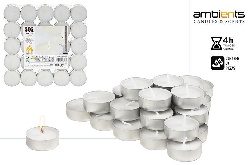 PACK 50 VELAS TE 4H 38MM BLANCAS AMBIENTS 35662
